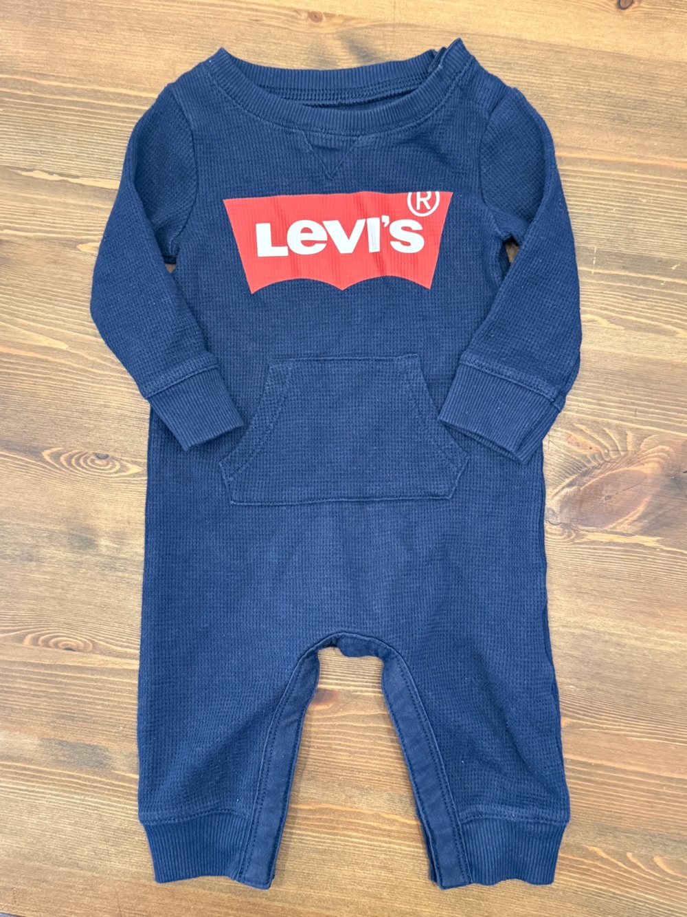 Levi's Navy Waffle Knit Infant Romper with Logo (6M)